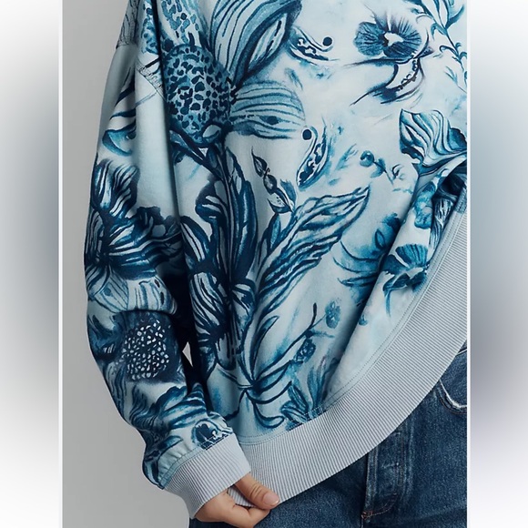 Anthropologie Pilcro Batik Printed Blue and White Floral Oversized Sweatshirt L - Picture 3 of 6